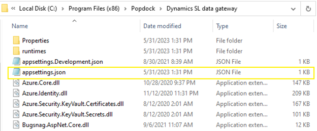 Setting up the Dynamics SL Data Gateway for Popdock 8 File Explorer showing the appsettings.json file.