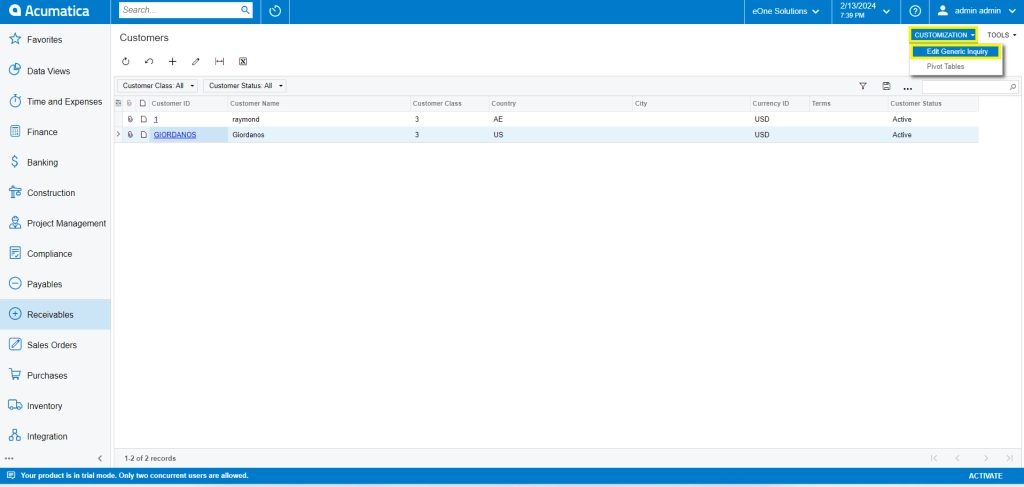 Embedding a Widget into a Generic Inquiry in Acumatica 6 Screenshot 2024 02 13 133933