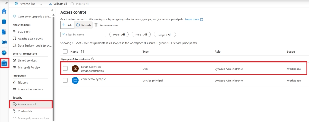 Adding an Azure Synapse Connector 5 Synapse Access Control 1